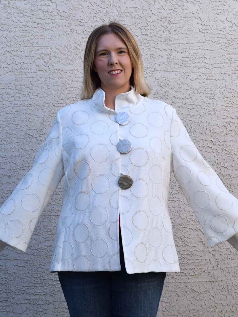 NWT Joseph Ribkoff White Circle-Print Jacket